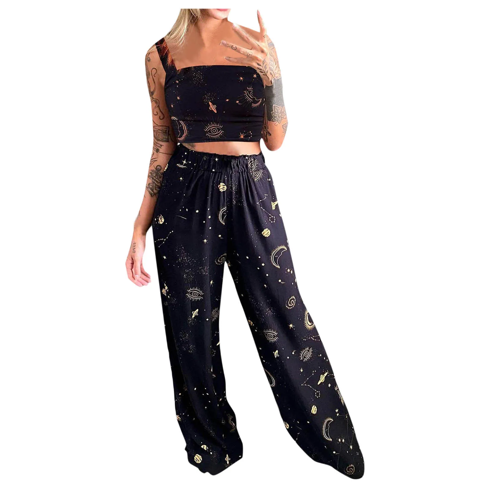Summer Women Two Piece Set Casual Butterfly Printed Sleeveless Camis Tops+long Pants 2 Piece Set Vetement Femme clothes 2021#fs 2