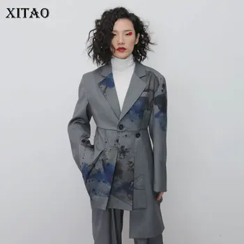 

XITAO Print Hem Blazer Fashion New Single Breast Full Sleeve Small Fresh Irregular Casual Minority Casual Pleated Coat DMY2397