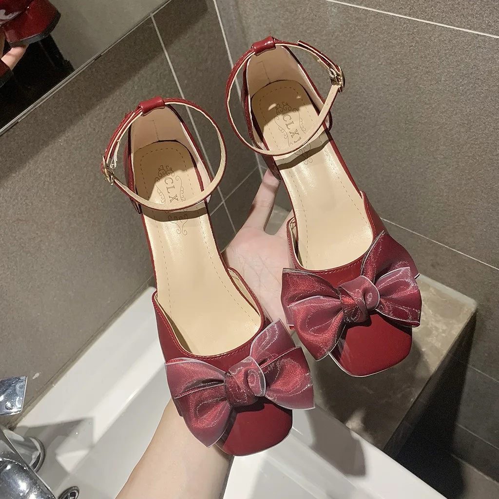 

Sandals Women's Sandals Bow Knot Retro England Elegant Square Toe Buckle Cover Heels Square Toe 2020 Women's Sandals Large Size