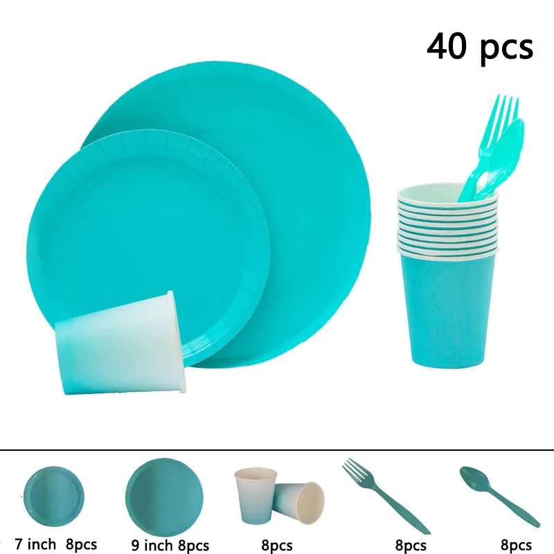 Экологически чистая одноразовая посуда тарелки чашки вилки ложки небесно-голубые вечеринки украшения для вечеринок костюмы - Color: 40PCS