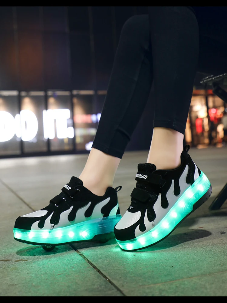 Children Boys Luminous Glowing White Sneakers with Double Two Wheels Roller Skate Shoes Adult Kids USB Charging Shoes Pink Girls best children's shoes