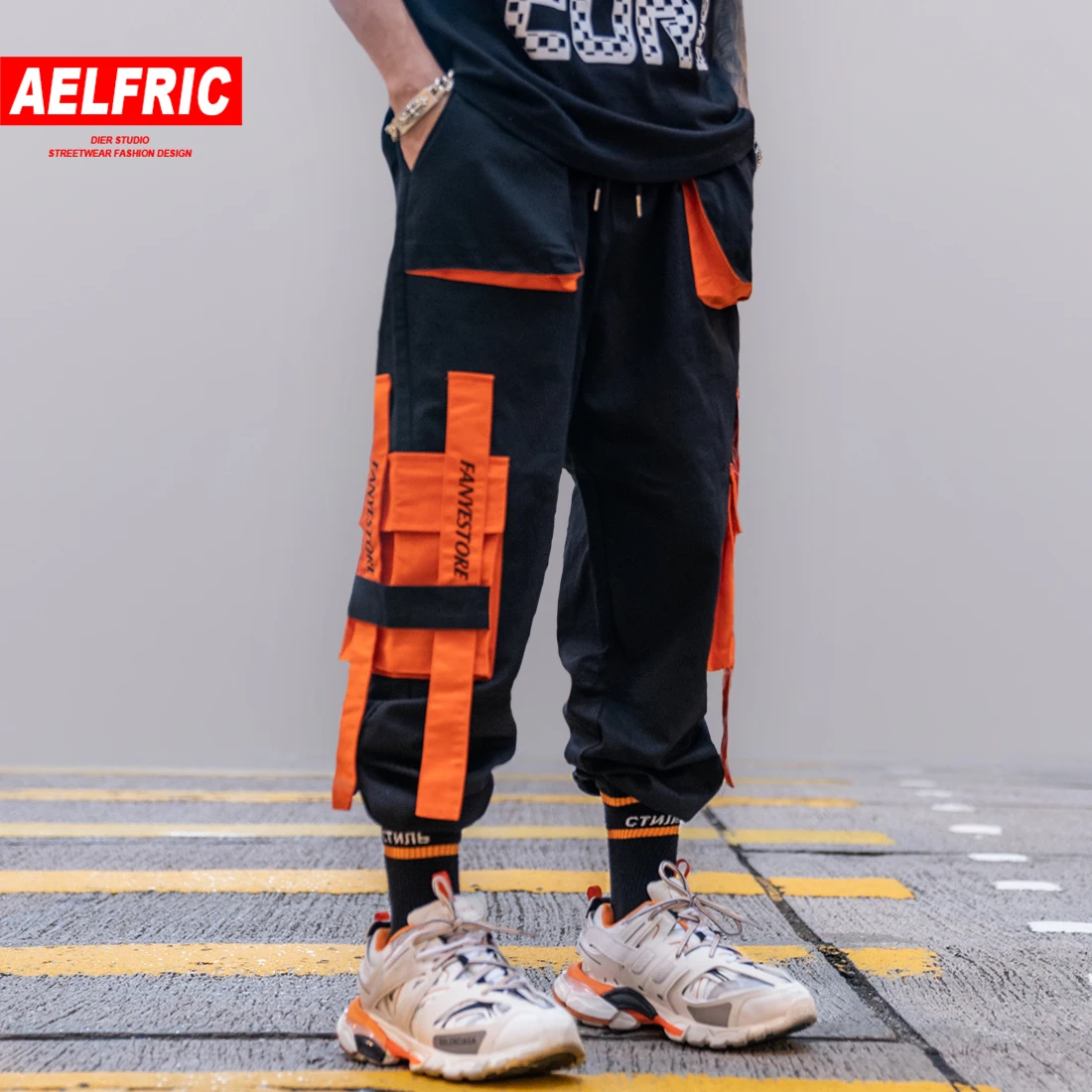 AELFRIC Лоскутная лента мужские брюки карго хип хоп Harajuku уличная повседневные штаны с карманами мужские шаровары спортивные брюки джоггеры