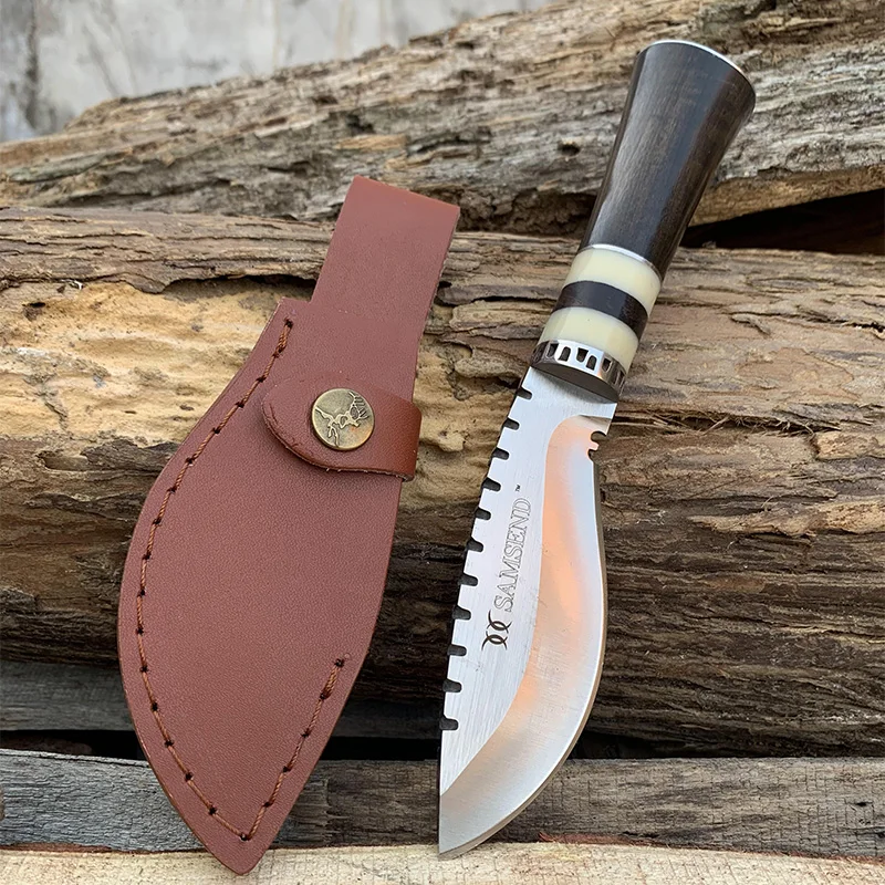 

SAMSEND Straight knife 440C Blade wood handle EDC Hiking hunting tool give away Holster