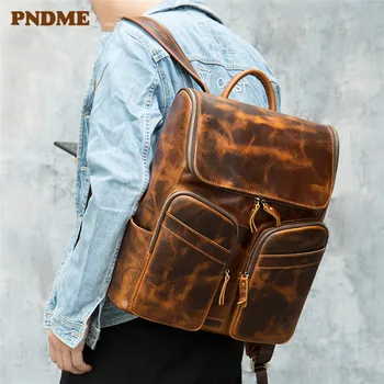

PNDME vintage genuine leather men's backpack natural first layer cowhide large capacity laptop bagpack outdoor travel bookbag