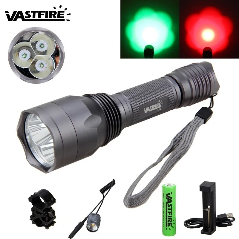 

900 Lumens Hunting Flashlight Q5 Red/Green Led Torch Light with Remote Pressure Switch and Mount for Outdoor