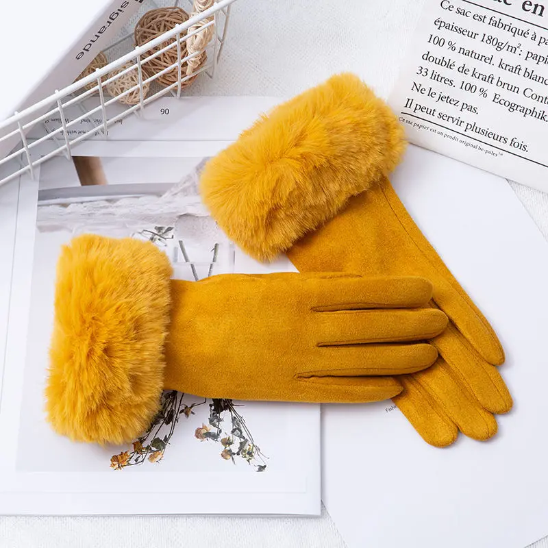 Winter Suede Leather Internal Plush Full Finger Outdoor Riding Warm Gloves Woman's Plush Thick Touch Screen Driving Mittens H92