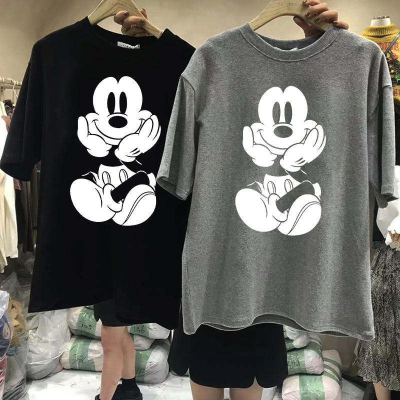 Disney Kawaii Mickey Mouse Summer T-shirt Ladies Black Top Ladies Casual O-Neck Top Ladies Kormen Korean Style Harajuku Clothing t shirt palm angels