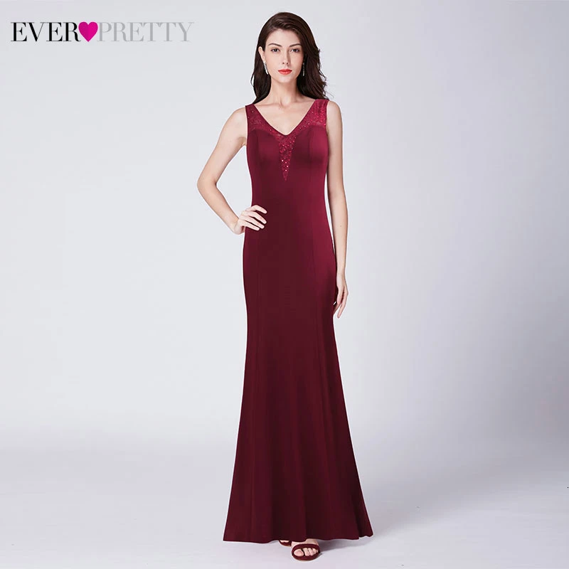 Бордовые Вечерние платья Длинные Ever Pretty EP07415BD трапециевидной формы с двойным v-образным вырезом безрукавный с Боковым Разрезом Элегантные Формальные платья Abiye