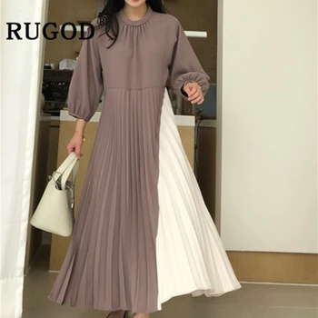 

RUGOD Fashion ins Pleated dress women elegant round neck lantern sleeve loose maxi dresses vestidos 2020 Fashion long maxi dress