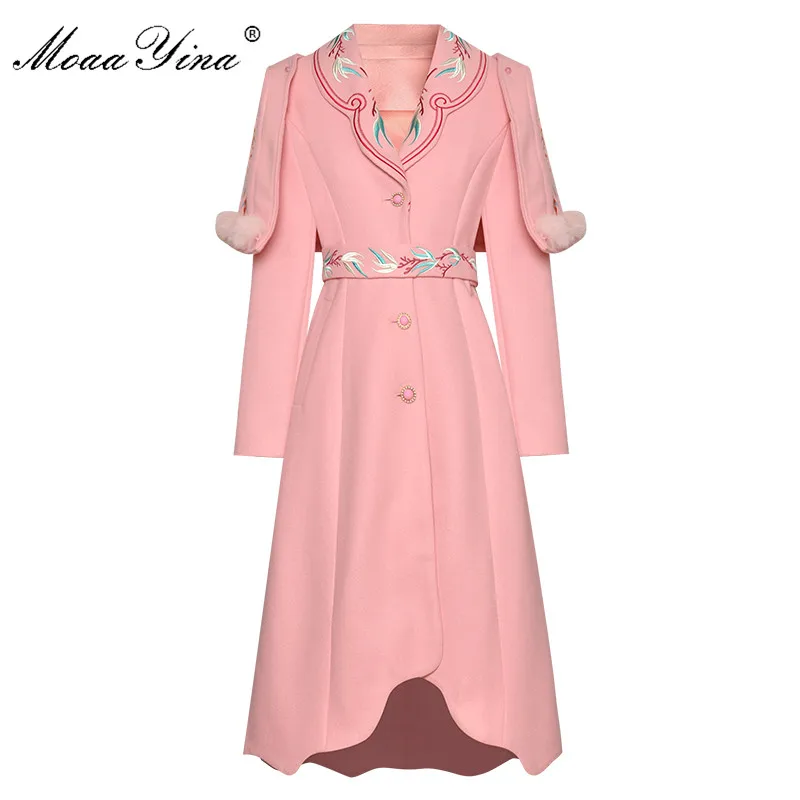 MoaaYina модное дизайнерское шерстяное пальто зимнее женское с длинным рукавом с вышивкой элегантное теплое пальто