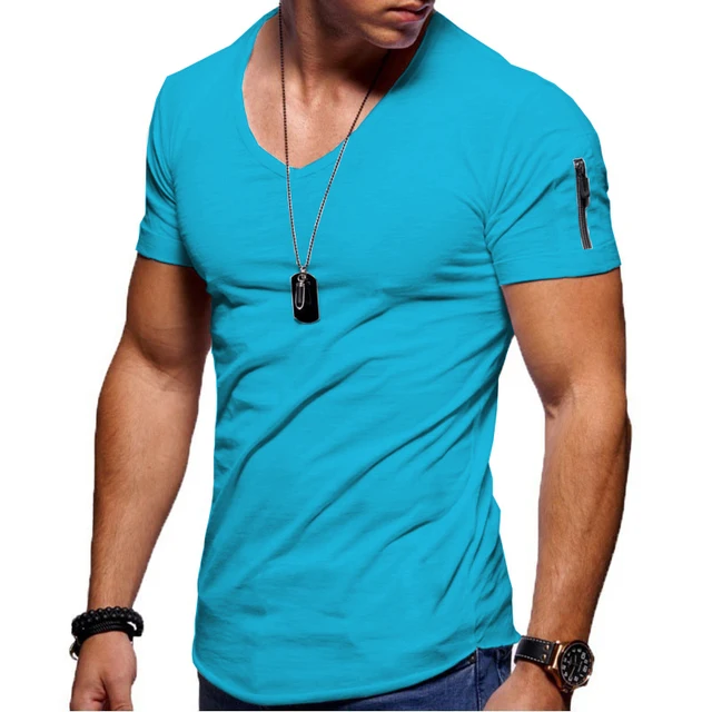 2022 New Men's V-neck T-shirt Fitness Bodybuilding T-shirt High Street Summer Short-Sleeved Zipper Casual Cotton Top Light blue