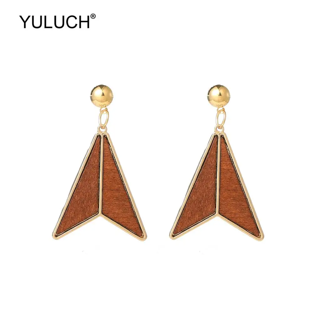 

YULUCH Trendy Pop Brown Green Triangle Natural Wooden Statement Earrings Fashion Jewelry Ethnic African Boho Long Stud Earrings
