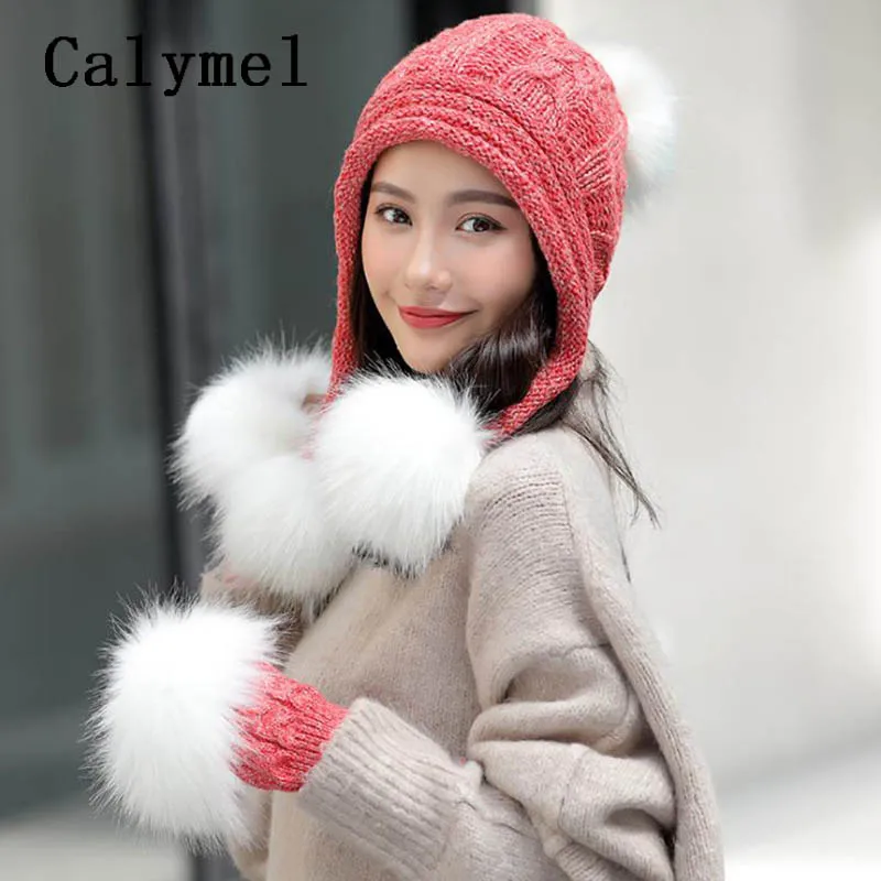 Calymel новый большой Hairball вязаная шерстяная шапка женская осенне-зимняя теплая шапка перчатки набор плюс бархатный толстый комплект