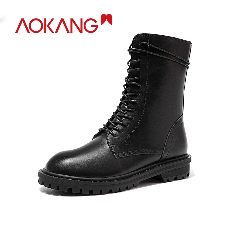 AOKANG/Женские Ботинки martin; коллекция года; кожаные ботинки в байкерском стиле; женские ботильоны на шнуровке в британском стиле; Botas Mujer; высокое качество - Цвет: black196022057