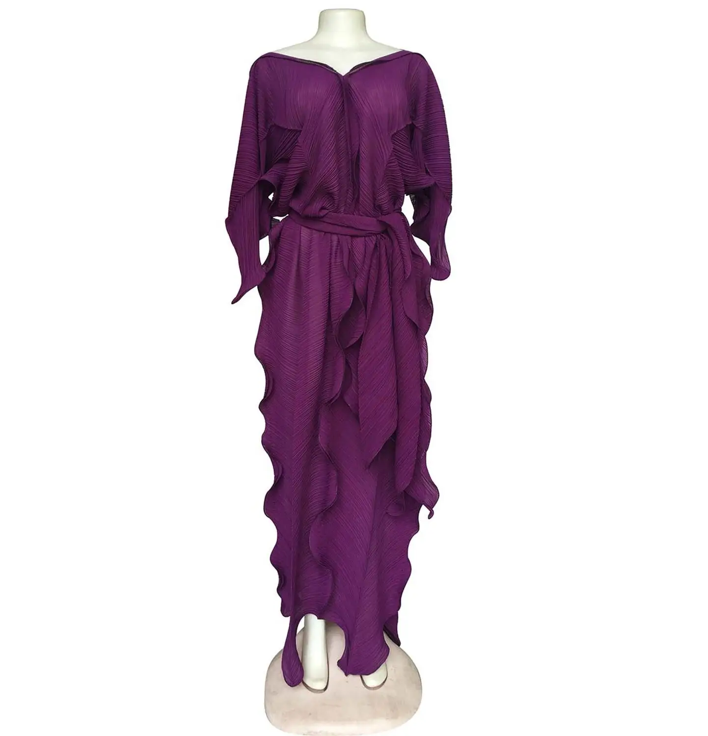 Длина 145 см, стиль, классическое женское платье в африканском стиле, Дашики, модное гофрированное платье с оборками, свободное платье с v-образным вырезом, платье со средним рукавом, свободный размер - Цвет: Фиолетовый
