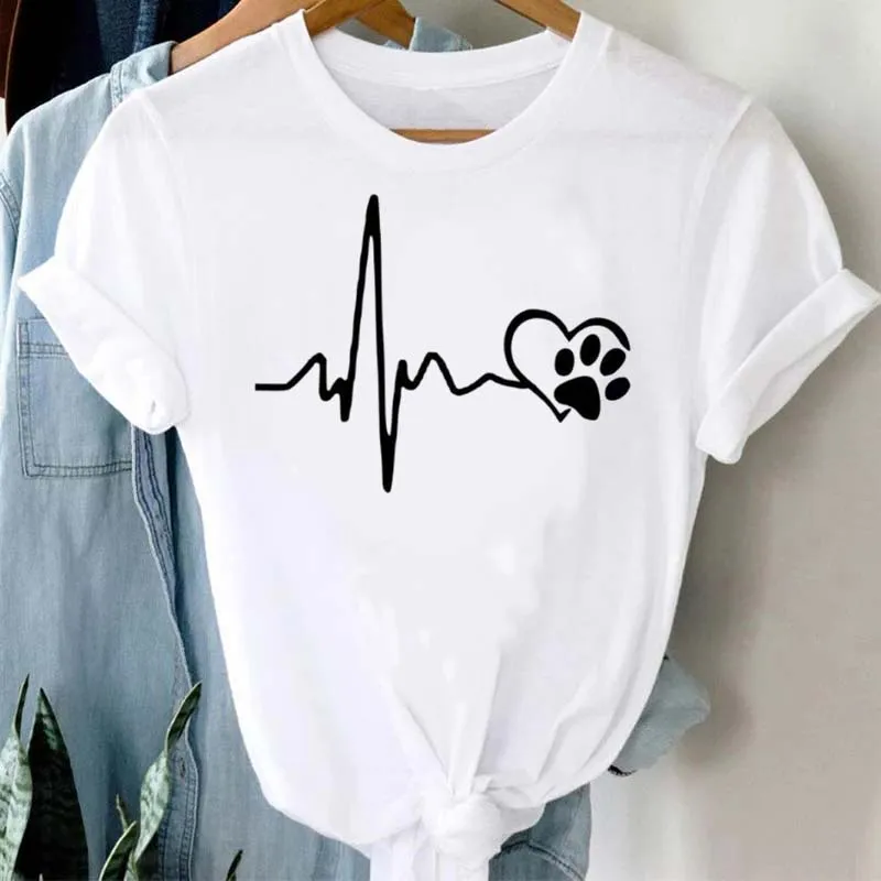 Maycaur Women Dog Paw Heart Print T-shirts Summer Clothes Cartoon Fashion Short Sleeve Tops O-neck Tshirt Female Graphic Print T cool t shirts