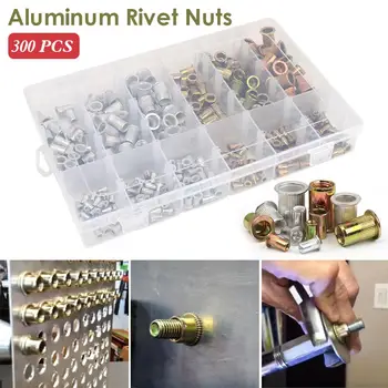 

300pcs stainless Steel aluminum Steel Rivets Nuts Set Flat Head Threaded Insert Nutsert Cap Nut for Rivet Nut Gun Riveter Tool