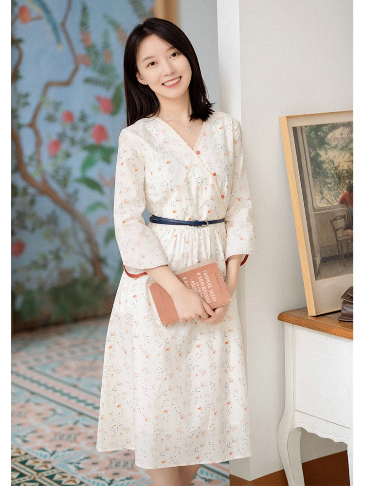 

CYNTHIA 2020 New Spring Women's Dresses Summer Female Vintage Elegant V-neck Cotton Floral-printed Chinese Dresses