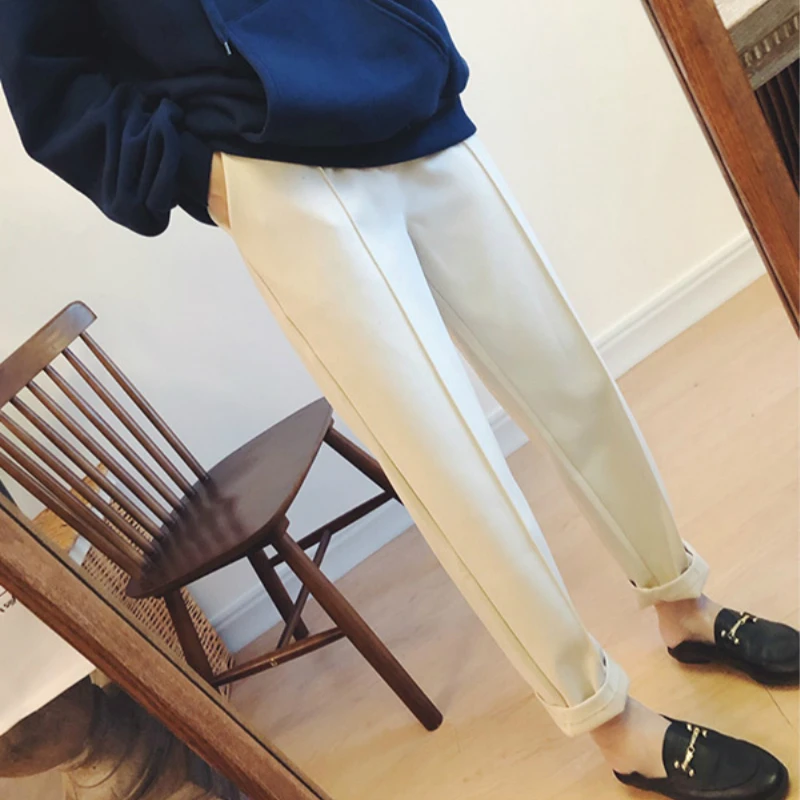 Ceny Mazefeng 2019 jesień utrzymać ciepłe kobiety na co dzień proste spodnie garniturowe panie kostki długość rzepa spodnie kobiece tkaniny wełniane spodnie haremki