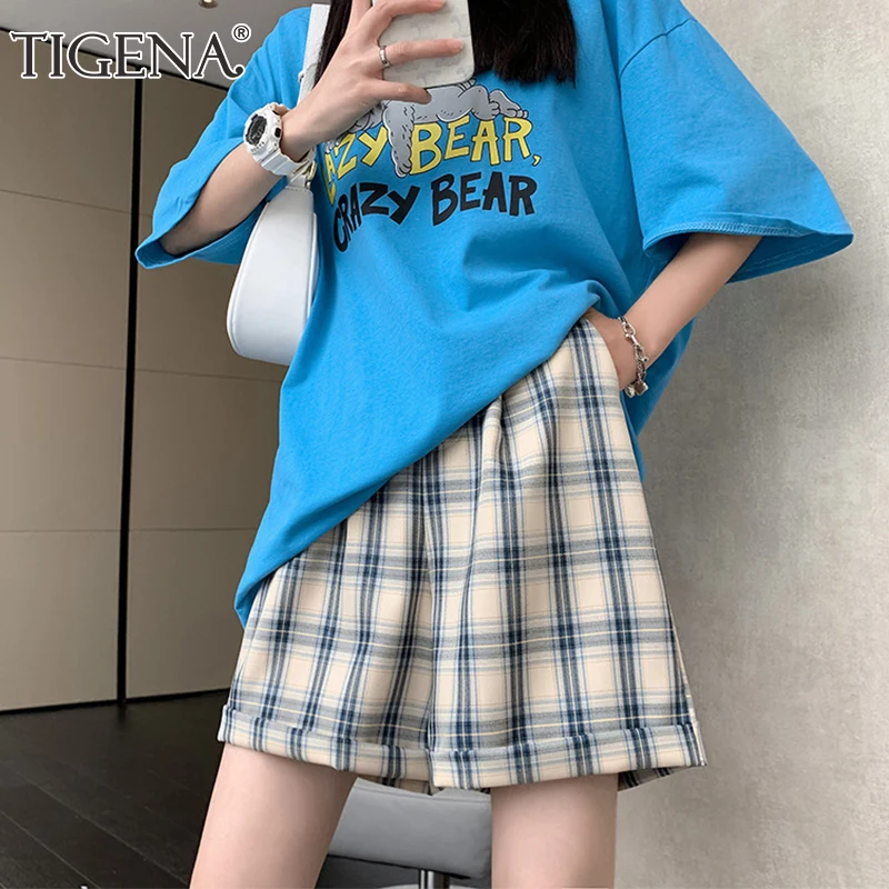 TIGENA Plaid Shorts For Women 2021 Summer Casual Thin Loose Checked High Waist Female School Student Short Pants Ladies | Женская одежда