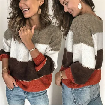 

Women Knitted Sweater Jumper Long Sleeve Striped Ladies Pullover Tops Autumn Winter Warm Striped Sweater