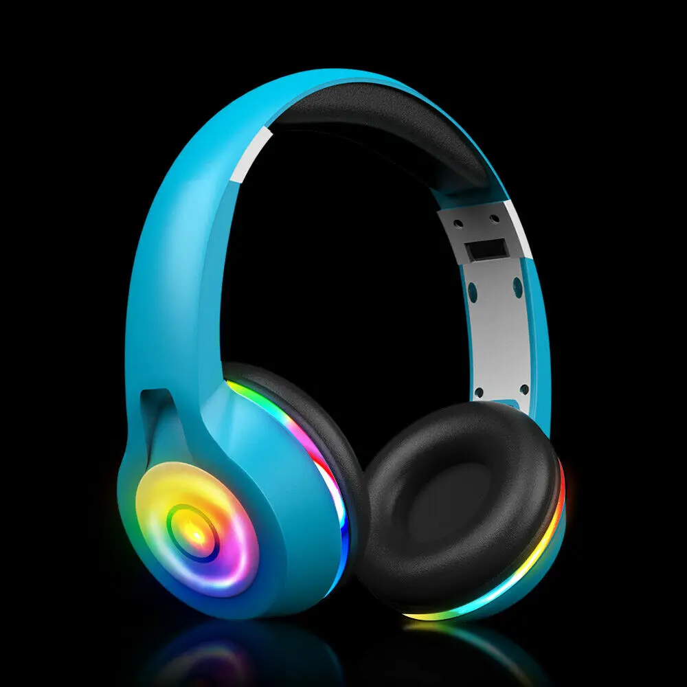 Foldable LED Lights Over the Head Bluetooth Wireless Headphones Headsets Blue