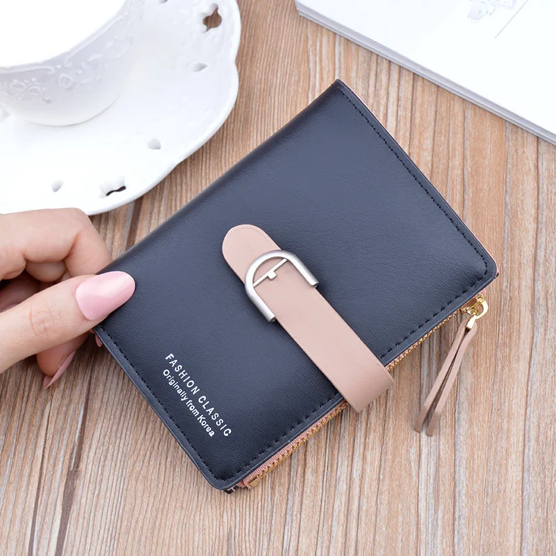 

New ladies wallet short zipper soft leather wallet female student Korean fashion drawstring buckle coin purse card holder
