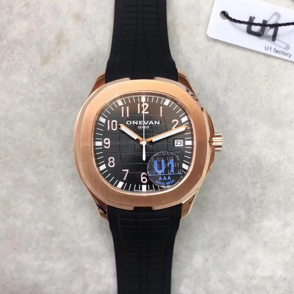 

U1 Factory Supplier Movement Engraved aaa Rose GOLD Nautilus PP Automatic Mechanical Rubber Strap Transparent Back Men Watch