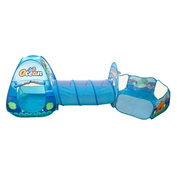 

3pcs/Set Kids Tent House Play Toys Foldable Children Crawling Tunnel Portable Shooting Ocean Pool Pit Toy Blue Cartoon Play Tent