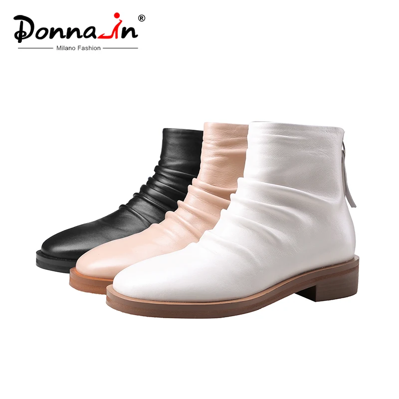 

Donna-in Pleated Genuine Leather Ankle Boot for Women Concise Zip Round Toe Short Boot Soft Comfortable Women Shoe Autumn Spring