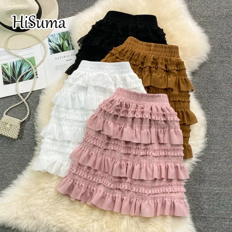 

2023 summer new women Retro high waist layer ruffles chiffon puff skirt female chic sweet skirts