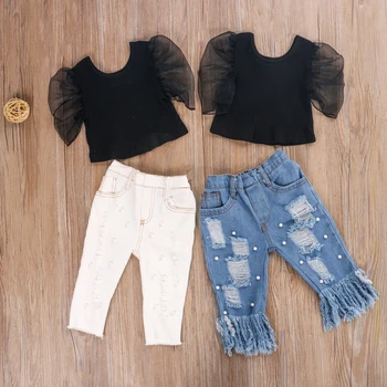 

Infant Baby Girls Clothes Sets 6M-5Y Puff Sleeve Solid T Shirts Tops Pearl Blue Denim Pants