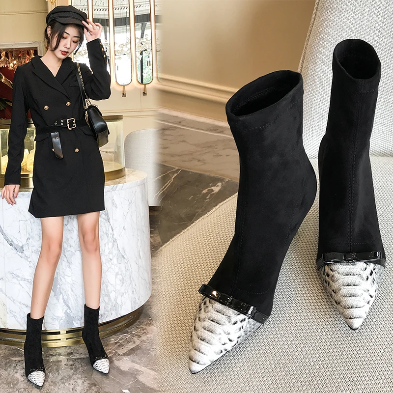 

New Ladies Charming Pointed Toe Black Suede Butterfly-knot High Heels Short Boots Stiletto heel Ankle Booties Woman Shoes