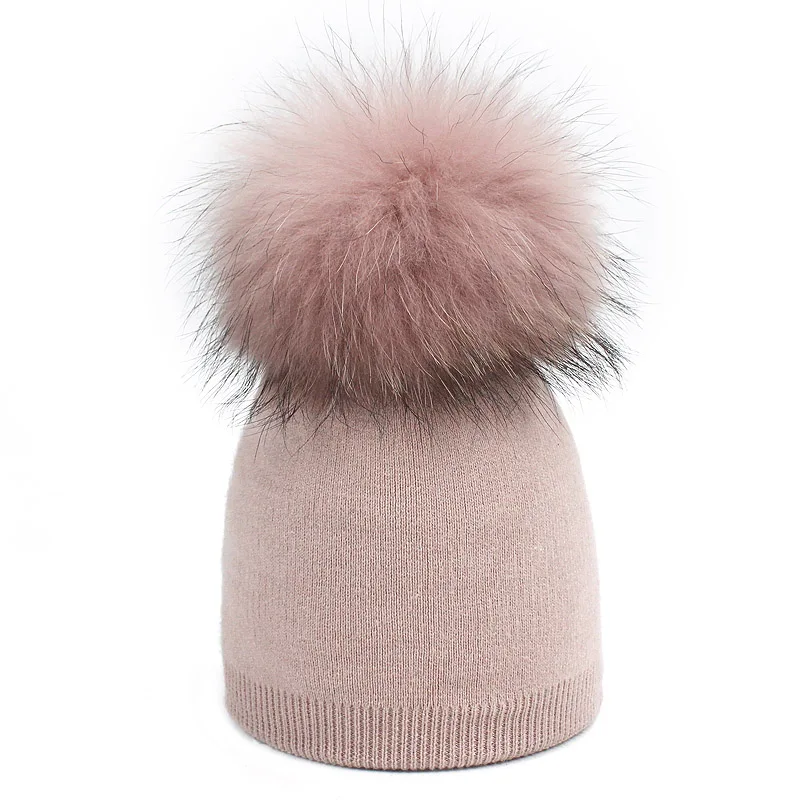 

Fashion Children Hat Real Fur Pom skullies Beanies Caps Winter Warm Real Fur Pompom Beanie Hats For Women Thick Female Child Cap