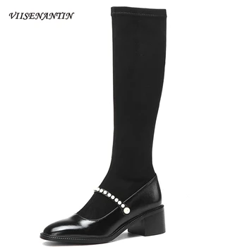 

Black Pearl Decoration Women Stretch Mid-calf Boots Mary Jane Elastic Thin Boots New Square Toe Thick Heel High Mid Heel Boots