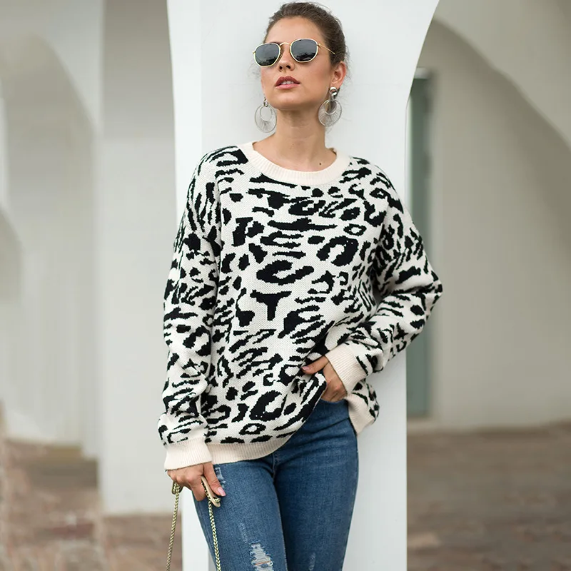 Зимние женские свитера и пуловеры с камуфляжным принтом Леопардовый толстый