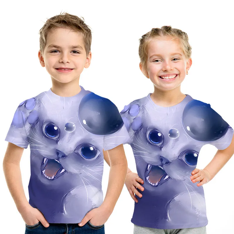 picture color Футболки для девочек и мальчиков, футболка с 3d принтом, Детская футболка с рисунком кота для девочек, летняя подростковая одежда для девочек 3, 4, 5, 6, 8, 10, 12, 13, 14 лет - Цвет: picture color