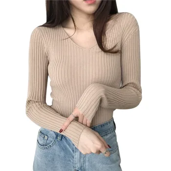 

Women Autumn Winter Sweater Ladies Fashion Casual Slim V-Neck Bottoming Sweaters Solid Color Tops Wild Long Sleeve Pullover Top