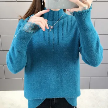 

Sweater Knitted Top 2020 New Mink Fleece Lace Knitted Bottoming Spring Autumn Loose Sweater Women Pullover Turtleneck Sweater