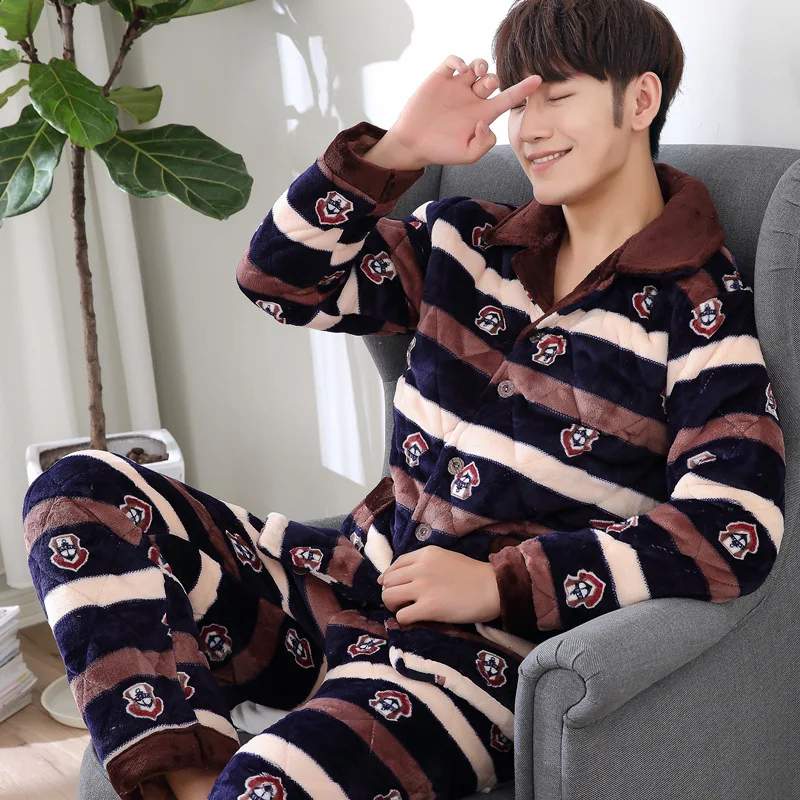 

Men Pajamas Winter Thick plus Velvet Padded Coral Velvet Flannel Autumn And Winter Three Layer Homewear Set 3582