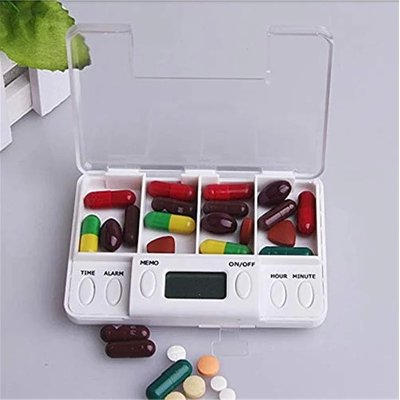 

2019 Multifunction Pill Container 4 Grid Intelligent Plastic Storage Box Electronic Timing Reminder Medicine Boxes Alarm Timer