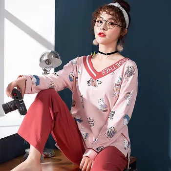 

Plus Size Long Sleeve 100% Cotton V-neck Pajama Sets for Women Spring Autumn Print Sleepwear Homewear Pijama Mujer Home Clothes