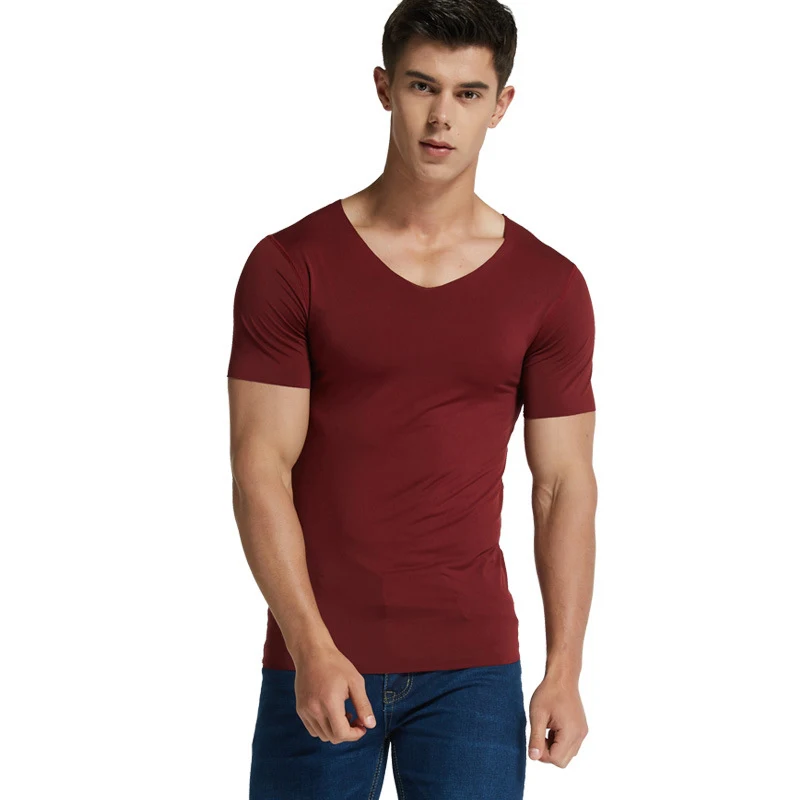 Plus Size Men's V-Neck Undershirts Man Ice Silk Seamless Short Sleeves Basic Shirts Summer Sexy Fitness Body Building Underwear men underwear
