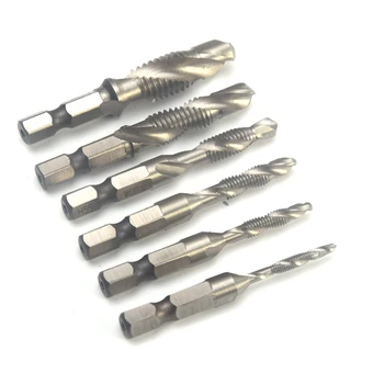 

6pcs/set 1/4'' Hex HSS High Speed Steel Thread Spiral Screw M3 M4 M5 M6 M8 M10 Metric Composite Tap Drill Bit Tap