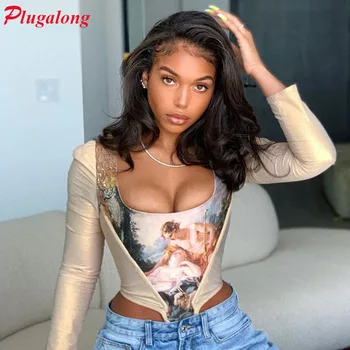 

Plugalong Angel Printwomen'S T-Shirts Square Collar Cropped Tops Long Sleeve Y2K Aesthetic Skinny Streetwear Basic Shirts Casual