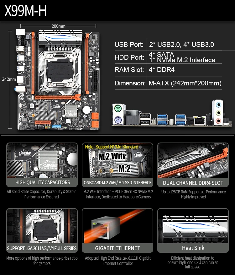 Материнская плата Jingsha X99MH для настольного компьютера LGA 2011 3 E5 CPU DDR4 RAM