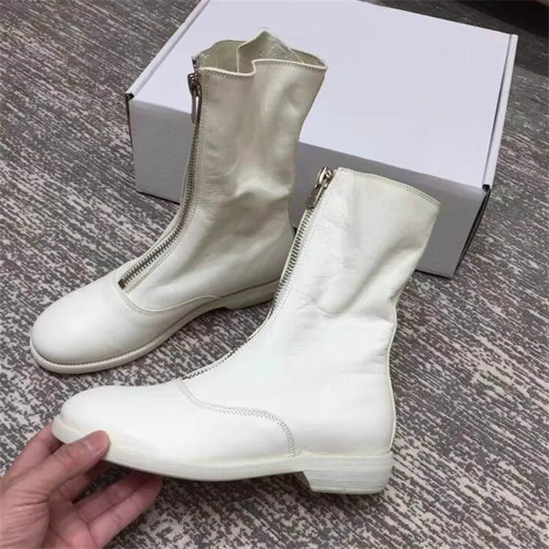 

New Autumn Boots Women White Leather Ankle High Low Heel Botas Mujer Round Toe Zipper Designer Winter Bottes Femme Ladies Shoes