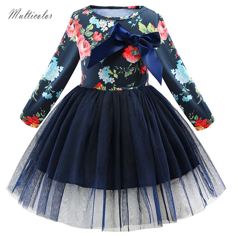 Разноцветное весенне-осеннее платье принцессы в горошек для девочек; платье в горошек с длинными рукавами; платье с цветочным рисунком; детское платье-пачка из сетчатой ткани с цветочным узором