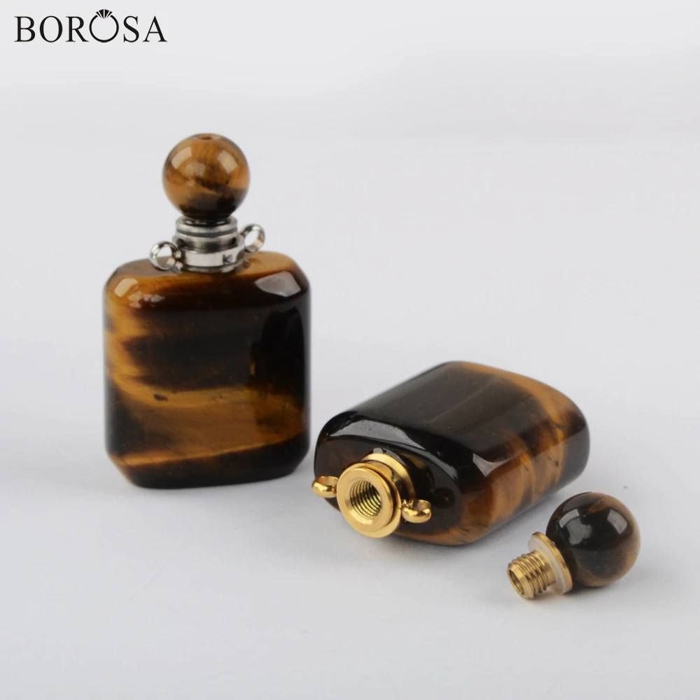 

BOROSA Square Natural Tiger Eye Perfume Bottle Connector for Women Necklace Natural Stone Essential Oil Diffuser Pendant WX1504