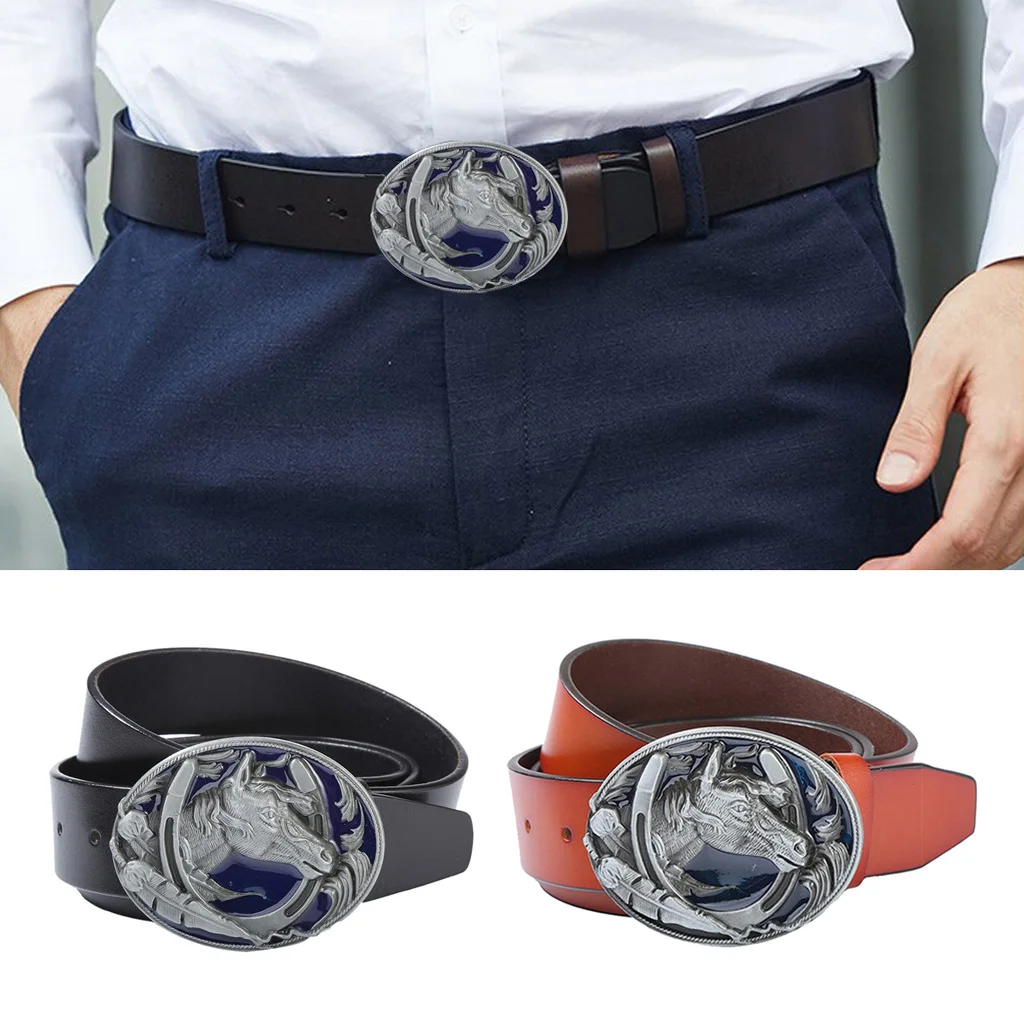 Men Western Leather Belt Gothic Punk Horse Head Belt Buckle Waistband